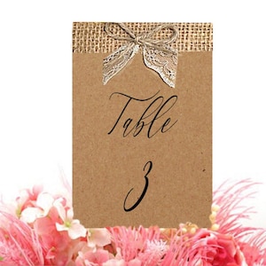 Carte Numéro de table pour mariage champêtre, bohème en Kraft naturel et dentelle, Décoration de table, décoration mariage champêtre