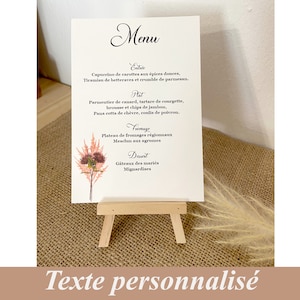 Menu personnalisé pour mariage, champêtre, nature, bapteme, communion, anniversaire, papier aquarelle, fleurs séchées