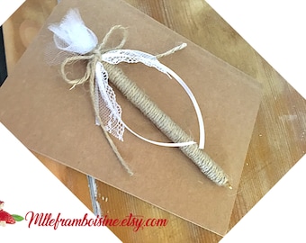 Stylo pour Livre d'or mariage champètre, corde naturelle et dentelle blanche