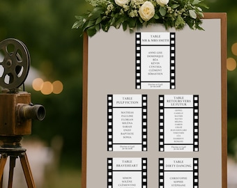Cinema-themed seating plan, personalized table name cards, wedding or birthday table decorations