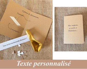 Carte surprise avec ballon à éclater et son message surprise, annonce grossesse, demoiselle d'honneur, futur papa, mamie, marraine, parrain