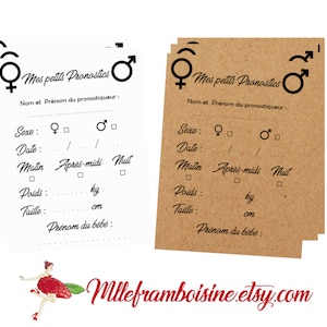 Cartes pronostics bébé, fête prénatale, baby shower, animation, naissance, sigle féminin masculin