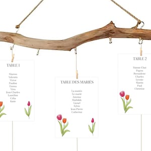 Carte Plan de table personnalisé avec les prénoms des invités, Motif Tulipe, Décoration mariage, Anniversaire, communion, ou Bapteme