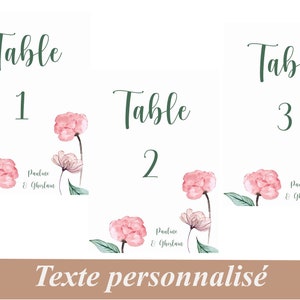 Carte Numéro de table, plan de table pour mariage, anniversaire, bapteme, communion, motif floral aquarelle Pivoine