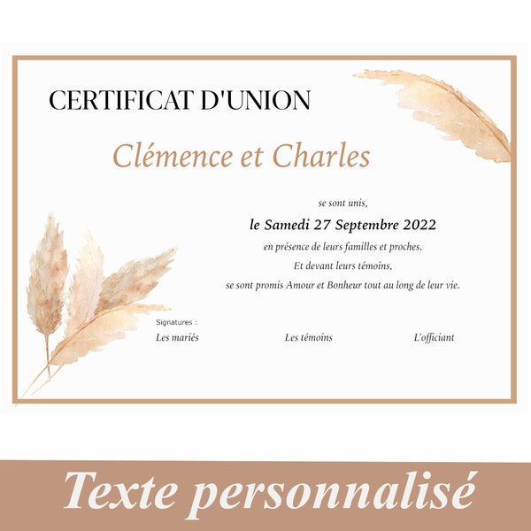 Certificat de  mariage personnalisé, certificat d'union pour cérémonie laïque, Mariage champêtre, Herbe de la pampa, style aquarelle