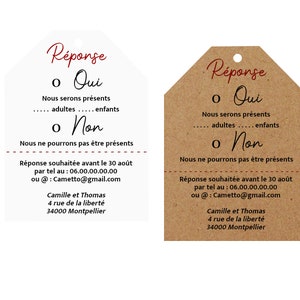 Carte Réponse personnalisée pour mariage, lot de 10, Coupon réponse faire-part mariage en kraft naturel ou blanc