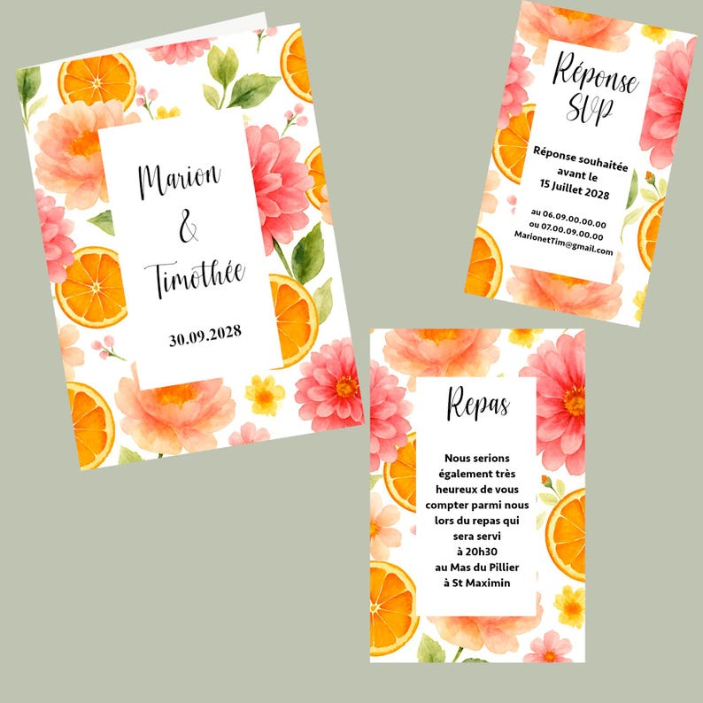 May include: Wedding invitation suite featuring watercolor illustrations of orange slices and pink flowers. The main invitation card displays the names "Marion & Timoth&eacute;e" and the date "30.09.2028". Additional cards include RSVP and reception details.
