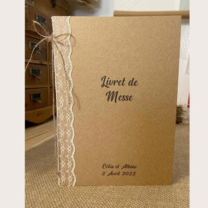 Couverture pour Livret de messe personnalisée, style champêtre, bohème - kraft et dentelle