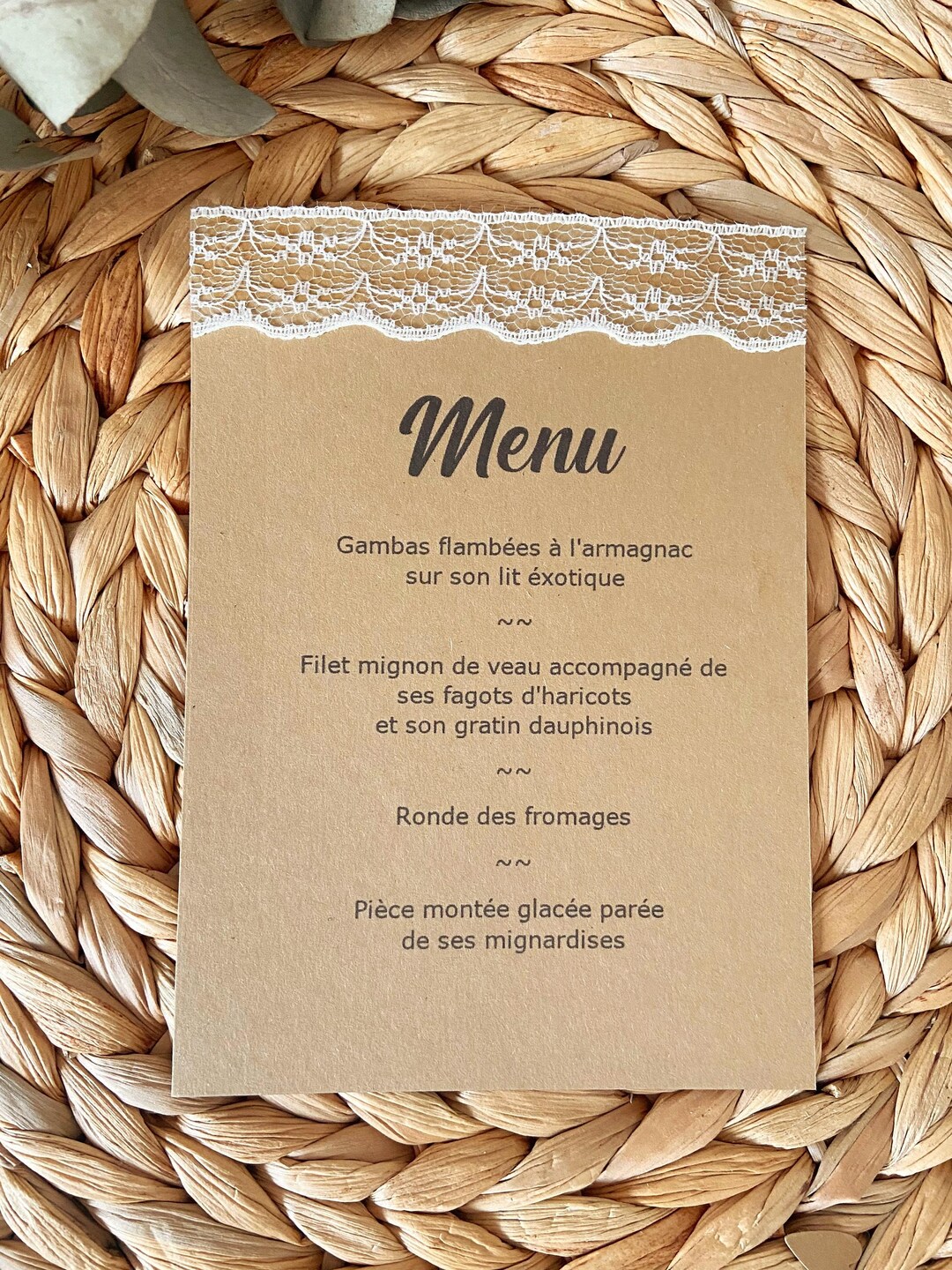Kraft and Real Lace Wedding Menu - Personalized Boho and Shabby