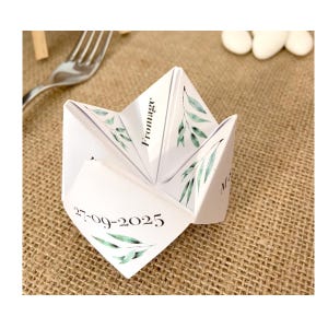 Menu individuel mini origami cocotte en papier, Mariage thème Provence, Olivier