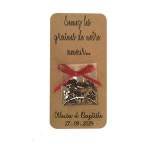 Cadeau invités, Cartes graines a semer, pour Mariage avec lien satin de couleur, kraft naturel, personnalisation gratuite