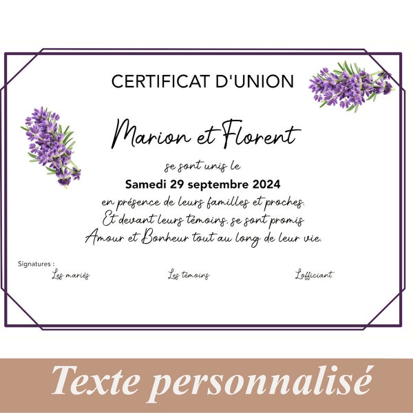 Certificat de  mariage provençal personnalisé, certificat d'union pour cérémonie laïque, brin de lavande, style aquarelle