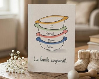 Personalized pregnancy announcement card, small Breton bowls, the family is growing!