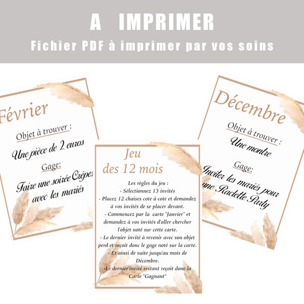 PDF à imprimer, Jeux des 12 mois animation mariage, motif pampa, Format numérique