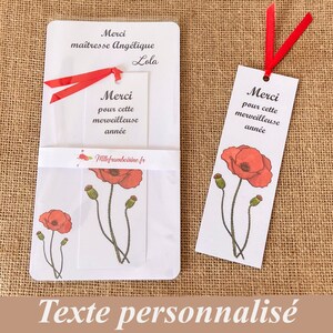 Marque page pour cadeau maîtresse, maître, Aster, Avs, Nounou, cadeau fin d'année scolaire, marque-page et carte personnalisée, Coquelicot