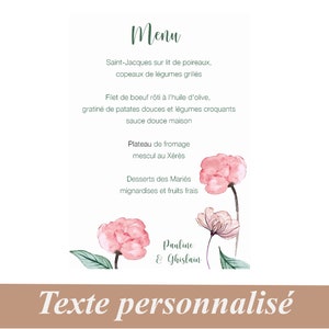 Menu personnalisé, table de Mariage , Anniversaire, communion, Baptême,  Thème nature, motif Pivoine Aquarelle
