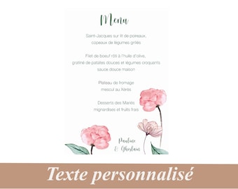 Menu personnalisé, table de Mariage , Anniversaire, communion, Baptême,  Thème nature, motif Pivoine Aquarelle