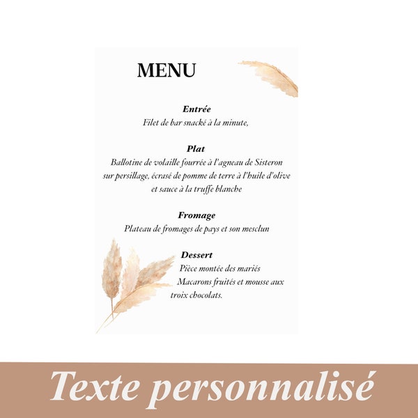 Menu table de Mariage , Anniversaire, communion, Bapteme,  Thème nature, motif aquarelle Herbe de la pampa