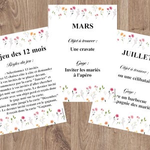 Jeu des 12 mois mariage, animation mariage, gages mariage, motif Petites fleurs des champs