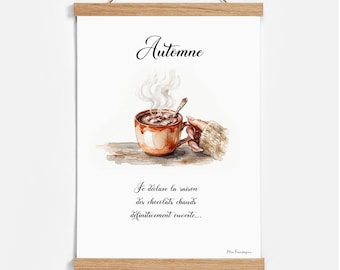 Kitchen poster, autumn season poster, hot chocolate illustration, vintage kitchen wall decoration, housewarming gift idea