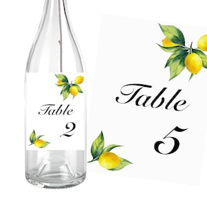 Numéro de table mariage, étiquette autocollante pour bouteille, Thème citron, décoration de table mariage, Mariage nature, champetre