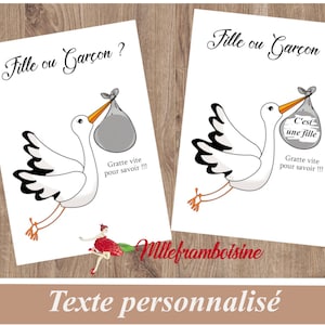 Carte à gratter Annonce du sexe de bébé, Cigogne, C'est une fille, un garçon