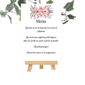 Carte Menu personnalisée pour table de Mariage , Anniversaire, communion, Baptême,  Thème nature, motif floral pastel