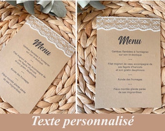 Menu kraft et dentelle pour mariage, baptême, communion, anniversaire, Kraft recyclé et dentelle ivoire ou blanche, décoration de table