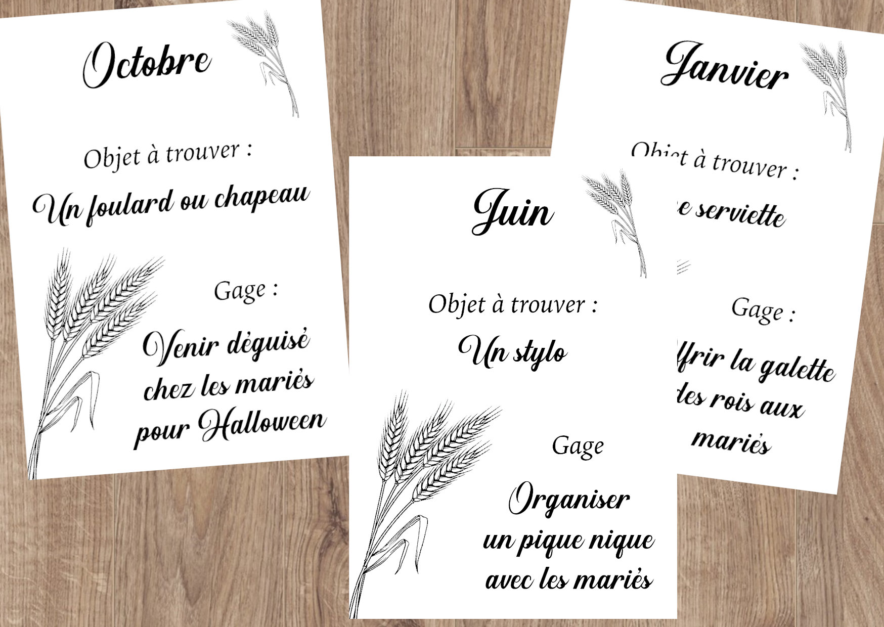 Jeu des 12 mois mariage, animation mariage, motif Epi de blé - Etsy France