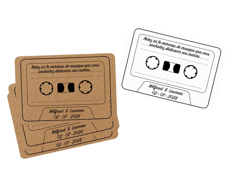 Cartes dédicaces chansons aux mariés, animation jeu mariage, DJ, musique mariage, Carte vintage K7, décoration de table et ambiance image 2