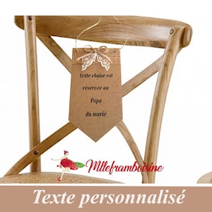 Pancarte "chaise Réservée" dos de chaise de cérémonie de mariage, kraft naturel, dentelle et jute, personnalisation gratuite