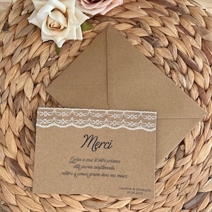 Carte de remerciements personnalisée pour Mariage bohème, champêtre, Carte Merci en Kraft naturel et dentelle ivoire