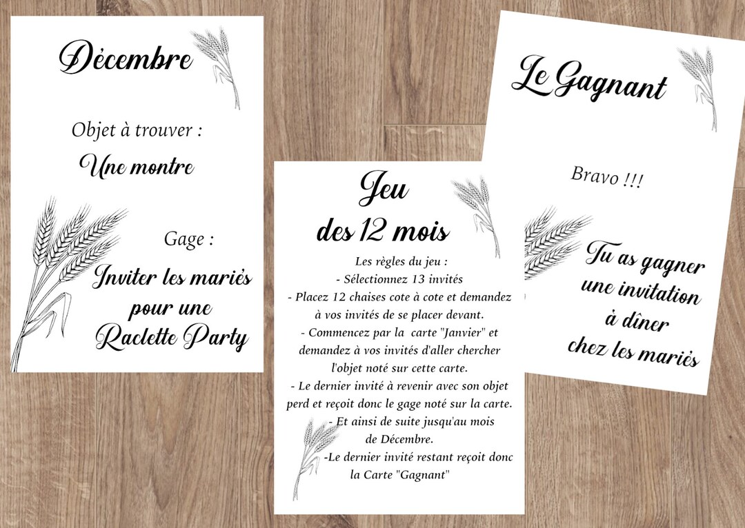 Jeu des 12 mois mariage, animation mariage, motif Epi de blé - Etsy France