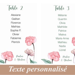 Plan de table Mariage personnalisé, motif aquarelle Pivoine,Mariage champêtre, nature Anniversaire, communion, Bapteme