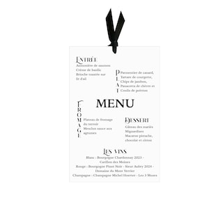 Carte Menu personnalisée Noir et blanc,  Décoration de table mariage chic et élégante