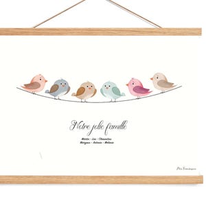 Affiche Famille personnalisée - Petits oiseaux - Illustration - décoration murale pour chambre d'enfant
