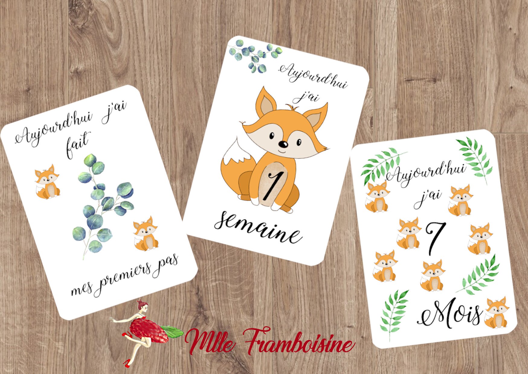 Cards stages baby, little fox, baby shower, animation birth, lot of 20