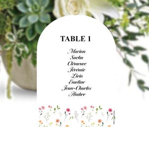 Carte Numéro de table Arche aux Motifs Petites Fleurs des champs, Décoration de table pour mariage champêtre, bohème