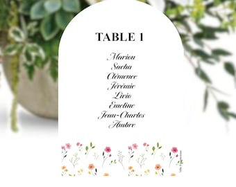 Carte Numéro de table Arche aux Motifs Petites Fleurs des champs, Décoration de table pour mariage champêtre, bohème