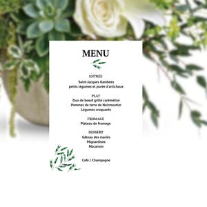 Carte Menu personnalisée Mariage style Provençal, Décoration de table motif Feuille d'Olivier