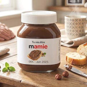 Peut inclure: Un pot en verre rempli de pâte à tartiner chocolat noisette avec un couvercle blanc et une étiquette blanche. L'étiquette affiche le texte Tu vas être mamie, une illustration d'une tartine et le texte DDC : Juin 2025.