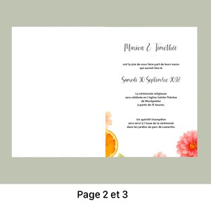 May include: A wedding invitation with the names "Marion & Timoth&eacute;e" in elegant script. The invitation includes details about the ceremony on Saturday, September 30, 2028, and the reception. Floral and citrus watercolor illustrations adorn the edges.