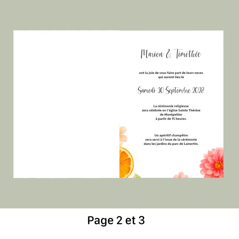 May include: A wedding invitation with the names "Marion & Timoth&eacute;e" in elegant script. The invitation includes details about the ceremony on Saturday, September 30, 2028, and the reception. Floral and citrus watercolor illustrations adorn the edges.