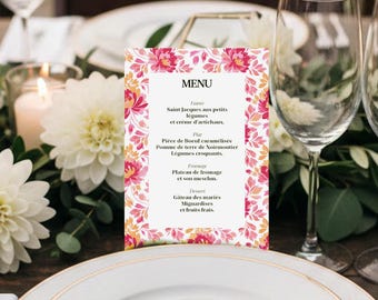 Personalized Wedding Menu Card with Romantic Botanical Theme, Table Decoration, A6 Size, Romantic Folk Design