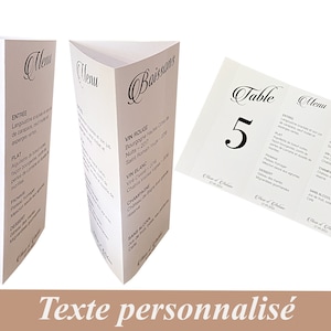 Menu et numéro de table  triptyque personnalisé blanc, décoration de table mariage