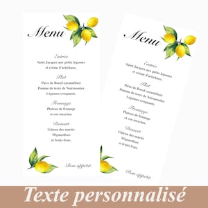 Carte Menu personnalisée,Décoration de table mariage, Anniversaire, communion, Bapteme,  Thème nature, motif Agrume Citron