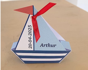 Baptism favor box, small red, white and blue boat design, for personalized guest gifts