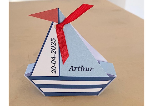 Bateau En Bois Pour Cadeau De Baptême - Support à Billets Décoratif, Motif Voile Et Poissons, Bleu, Idée Cadeau Originale - 4