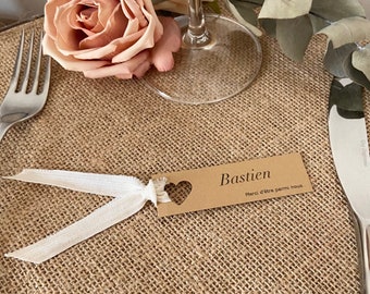 Personalized heart-shaped place card, Kraft or white, Thank you tag for wedding reception, White or Kraft, 7.5 x 2.2 cm, without tie