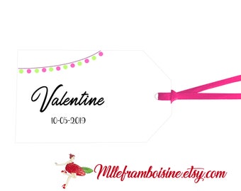 Label name and event date, baptism, Communion, birthday, wedding, Fuchsia/green or Turquoise/Green